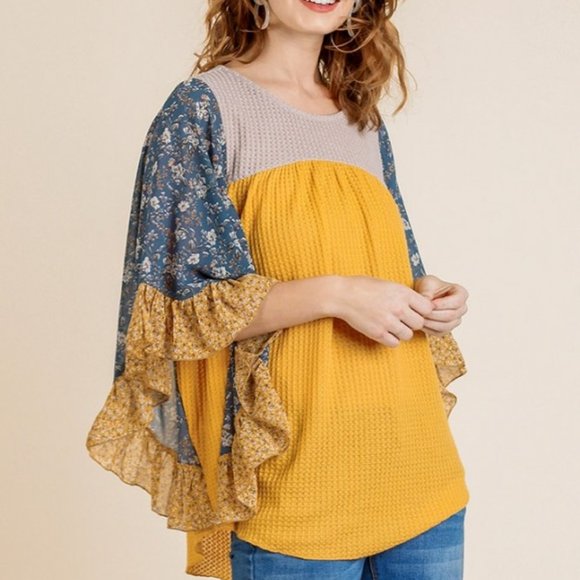 Umgee Golden Floral Mixed Ruffle Bell Sleeve Tunic - Picture 2 of 5